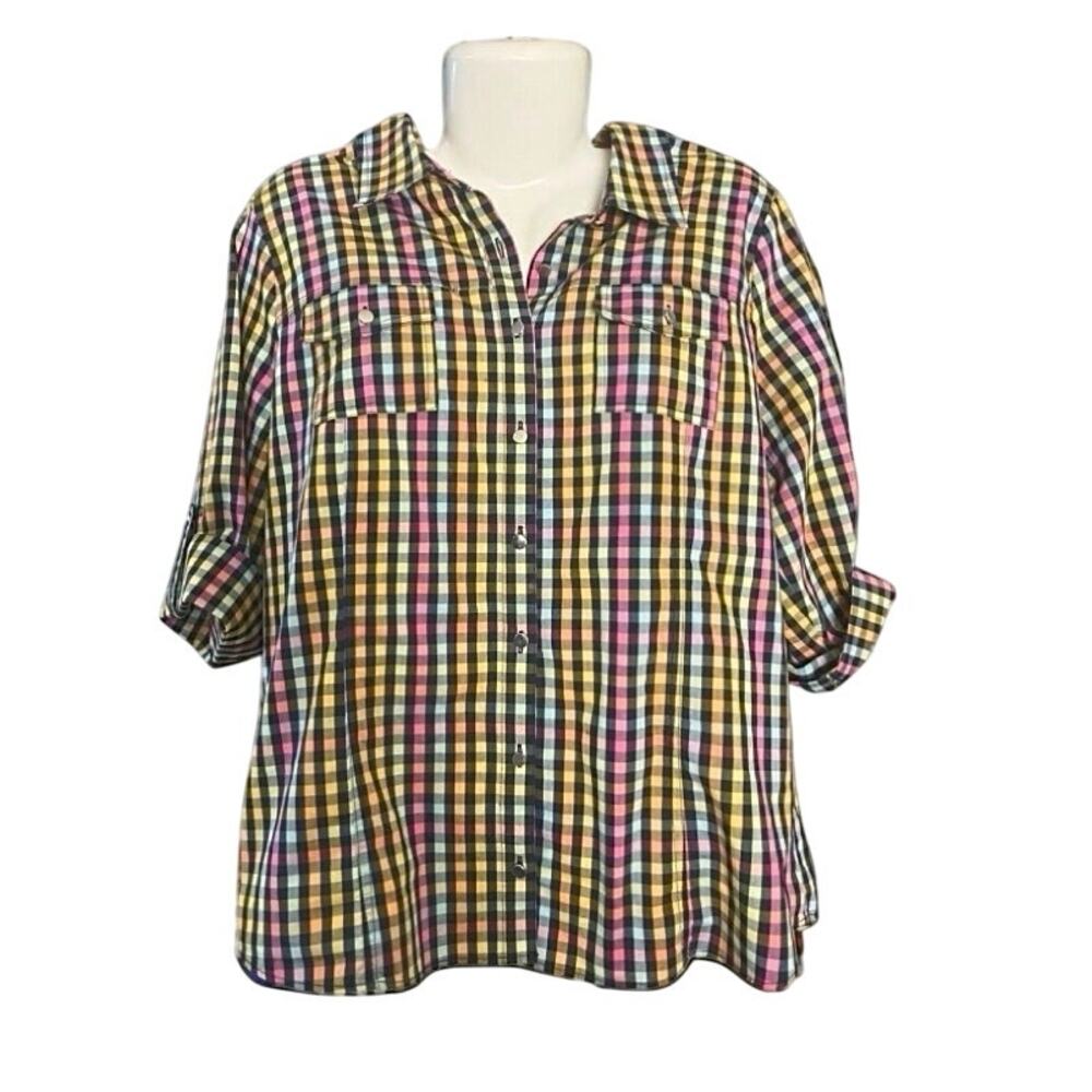 Christopher & Banks Women's Multicolor Checkered Roll Tab Button-Up | Size L